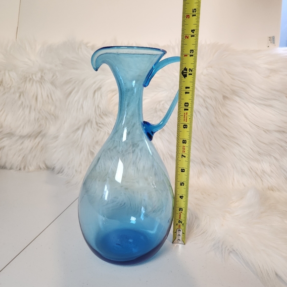 Vintage MID-CENTURY Art Glass Aqua Blue Vase Pitcher Funky Handle MCM Blenko ? - Picture 8 of 9